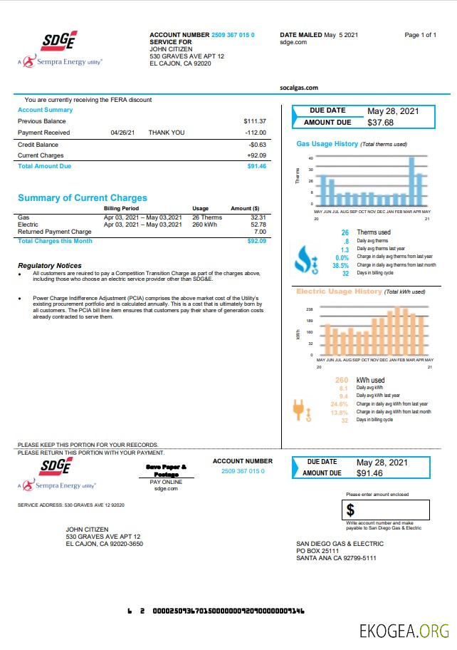 USA California San Diego Gas & Electric (SDG&E) utility bill template in Word and PDF format